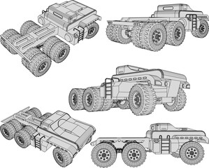 Vector sketch illustration of design for heavy equipment, car, truck, transportation for mining areas 