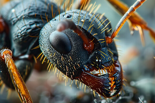 Ultra macro ant portrait shot, detailed close-up image of ant's face and trunk.