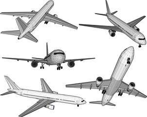 Vector sketch illustration of commercial passenger airplane public transportation design - obrazy, fototapety, plakaty