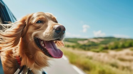 Happy Golden Retriever Enjoying a Car Ride on a Sunny Day, Feeling the Wind, Expressing Joy and Excitement
