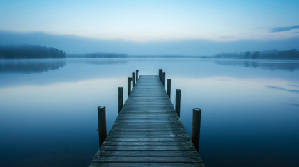 Serenely Misty Lake at Dawn with a Wooden Jetty Leading into Calm Waters, Evoking Peacefulness and Reflection