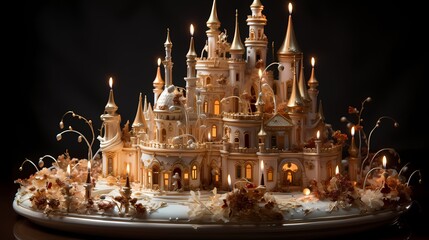 A whimsical fairytale castle cake with a hundred flickering candles, transporting you to a magical realm of enchantment