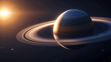 Stunning Representation of Planet Saturn with Glowing Rings, Celestial Bodies, and Sunlight in the Vastness of Space