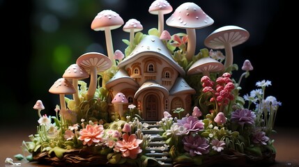 A whimsical fairy garden cake with a sugar-crafted garden scene on top, featuring edible flowers, mushrooms, and adorable fondant fairies