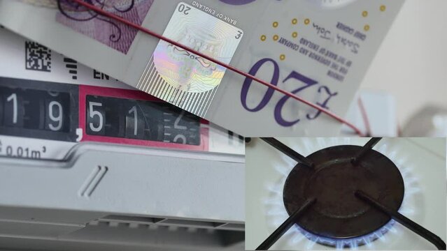video collage of rotating numbers in a gas meter with a 20 pounds note on top and a burning gas burner on a kitchen stove, expensive gas concept