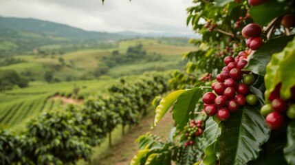Close-Up of Ripe Red Coffee Berries in a Verdant Plantation, Depicting the Cultivation Process in a Sustainable Coffee Farm - obrazy, fototapety, plakaty