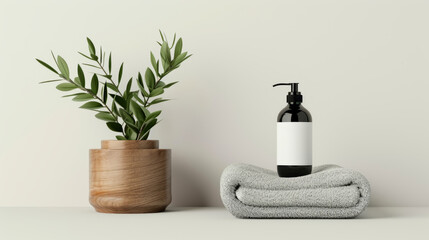 Simplistic and Elegant Bathroom Decor with a Fresh Plant in a Wooden Pot and Black Dispenser on a Clean Counter, Embracing Minimalist Aesthetics - obrazy, fototapety, plakaty
