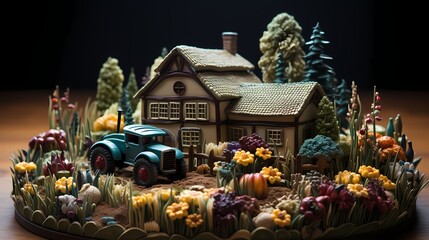 A whimsical farm-themed cake with layers resembling a barn and adorned with edible farm animals, haystacks, and a fondant tractor