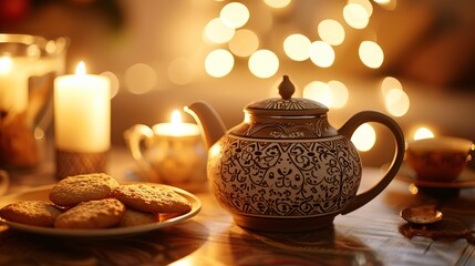 Obraz na płótnie Canvas Traditional Teapot and Homemade Cookies Illuminated by Warm Candlelight, Creating a Cozy and Inviting Atmosphere
