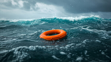 Emergency Orange Lifebuoy Floating on Turbulent Sea Waves, Safety and Rescue Concept