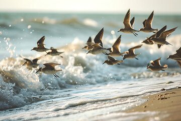 Flocks of shorebirds fly along the picturesque coastline. With crashing waves in the background. - obrazy, fototapety, plakaty