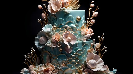 A whimsical mermaid-themed cake with iridescent scales and fondant mermaid tail decorations, surrounded by edible seashells and pearls