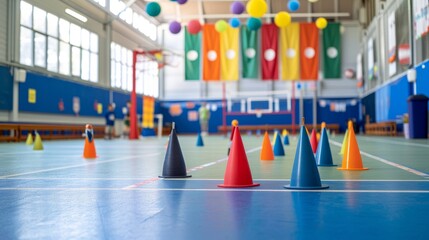 Bright Colorful Cones on Gymnasium Floor for Kids' Physical Education Class, Activity Concept - obrazy, fototapety, plakaty