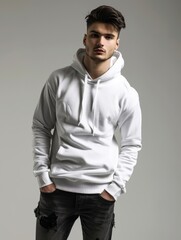 Man wearing white pullover hoodie with black jeans isolated on plain background