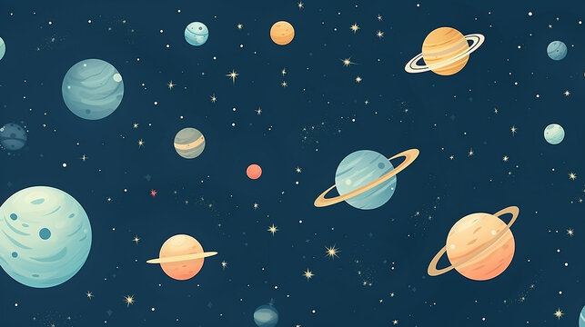 space background with cute flat lay style template with planets