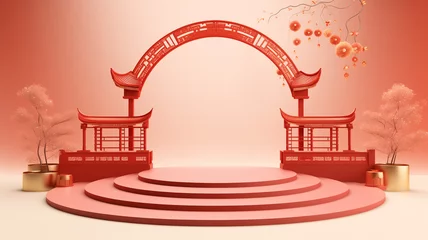 Fotobehang 3d podium background themed chinese new year. Suitable for promotion product © Teerasak