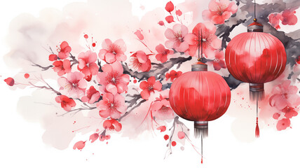 Chinese new year traditional watercolor illustration painting sumi-e with red paper lanterns and blooming tree in flowers - obrazy, fototapety, plakaty