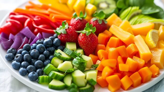 Colorful Assortment of Fresh Fruits and Vegetables on a Plate, Healthy Eating Concept