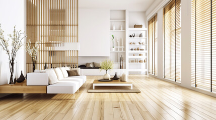 a living room with wood flooring and white walls. Ai Generative