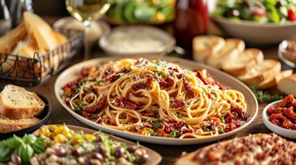 Delicious Italian Spaghetti with Sun-dried Tomatoes and Herbs, Gourmet Meal in Rustic Setting, Culinary Delights of Mediterranean Cuisine
