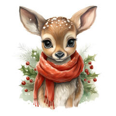 watercolor painting of cute christmas standing reindeer, cute big eyes, red and green christmas shawl