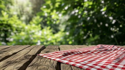 Rustic Wooden Table with Red Checkered Cloth, Inviting Picnic Setup in Lush Green Garden, Concept of Outdoor Dining and Summer Relaxation
