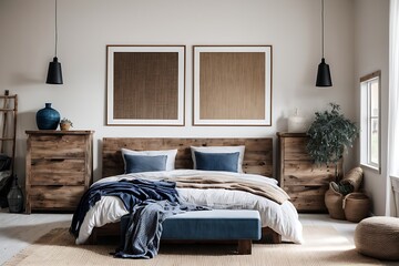 Modern bedroom featuring a wooden bed with blue pillows, accompanied by two bedside cabinets. The farmhouse aesthetic is enhanced by a white wall showcasing three carefully curated poster frames.