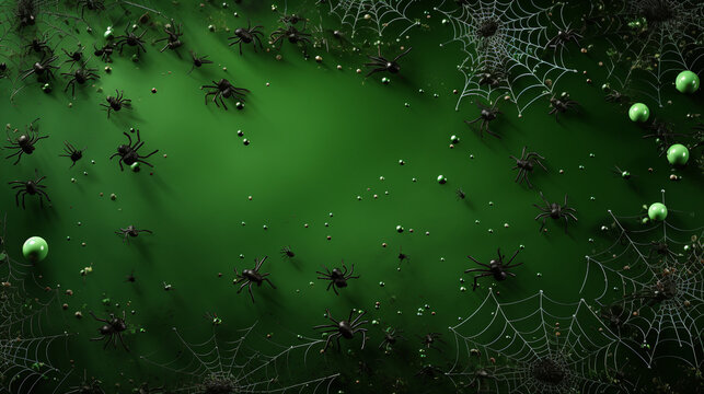 Immerse in a Halloween Masterpiece: Top-Down View of Spooky Decorations, Ghastly Spiders, and Flying Bats on a Vibrant Green Background with Copy-Space for Promotions and Messages!