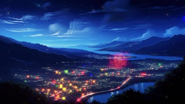 Anime landscape beuatiful fireworks celebration, rainy village at night with a mountains and river background