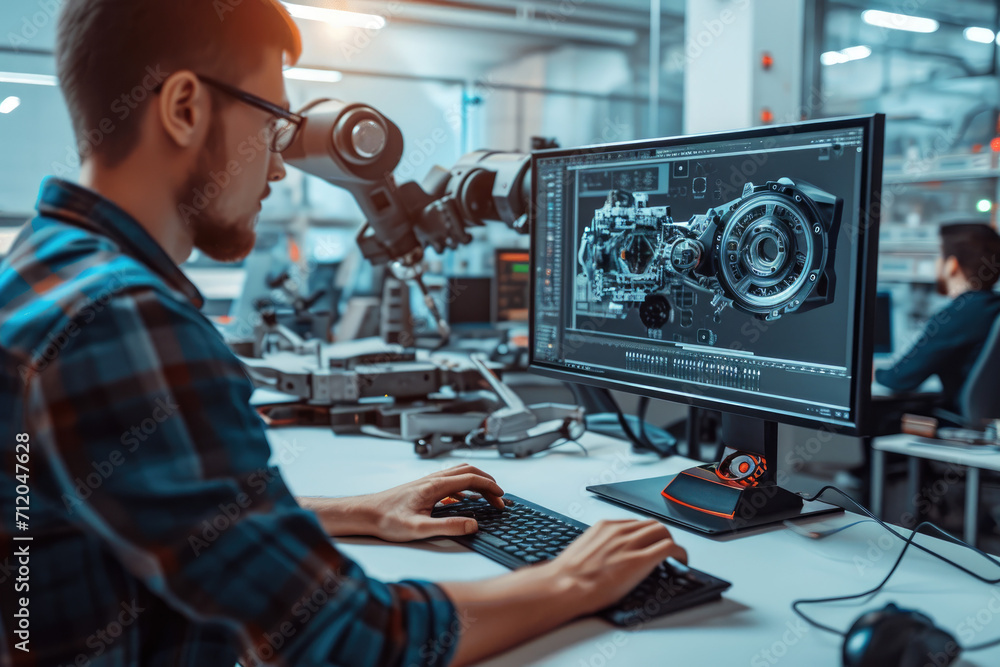 Wall mural a mechanical engineer designs 3d engine with computer