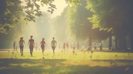 Obraz na płótnie Canvas blurred background people exercise in park pale vintage