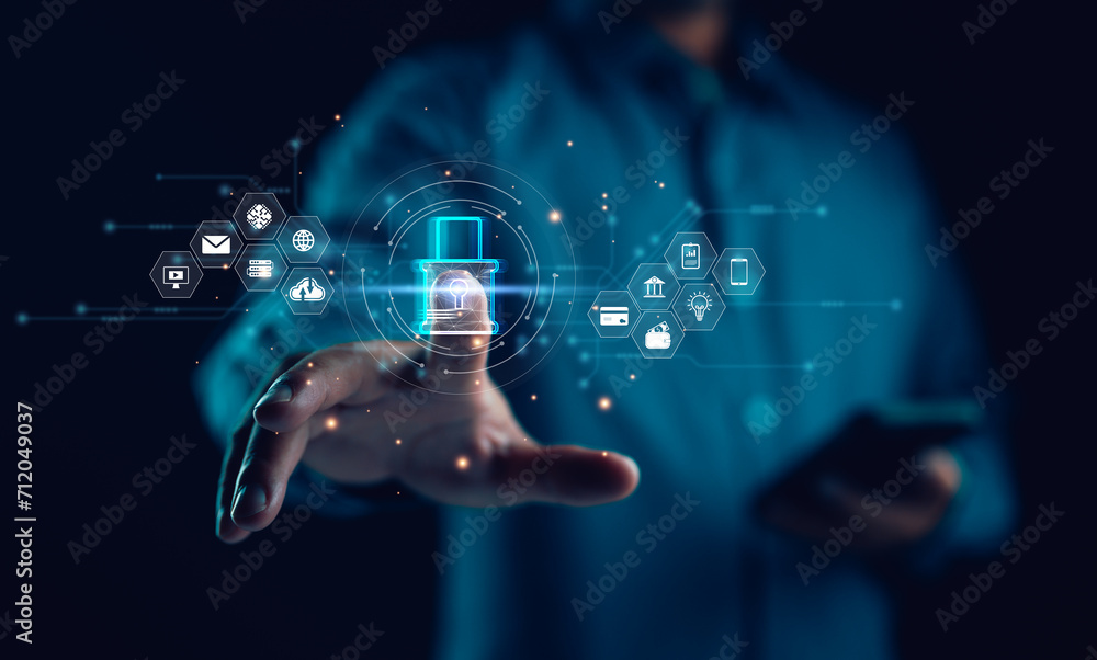 Poster cybersecurity concept, user privacy security and encryption, secure internet access future technolog