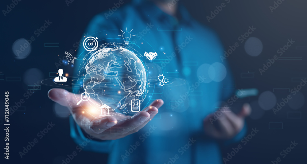Poster businessman using mobile smart phone. business global internet connection application technology and