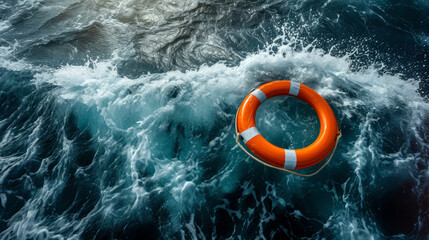 Orange lifebuoy tossed in the turbulent sea waves, a beacon of safety and hope in the maritime distress