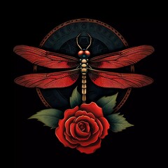 illustration of a dragonfly with a red rose on a black background. generative ai