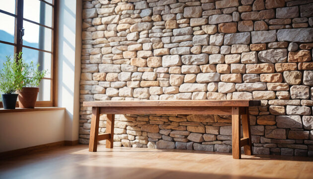 Wooden Rustic Bench Near Wild Stone Cladding Wall Against Window  Farmhouse Interior Design Of Modern Home Entryway  Style