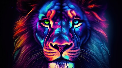 Closeup lion head in colorful neon light