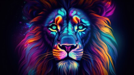Closeup lion head in colorful neon light - obrazy, fototapety, plakaty