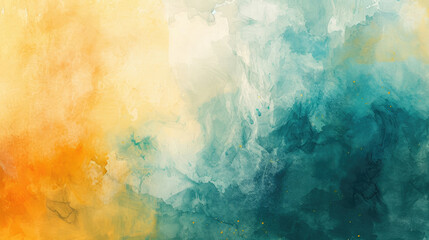 Watercolor abstract background on canvas with a dynamic mix of mustard yellow, teal and burnt orange - obrazy, fototapety, plakaty