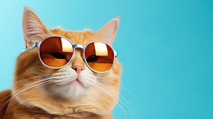 Closeup funny ginger cat wearing sunglasses isolated on light blue background - obrazy, fototapety, plakaty