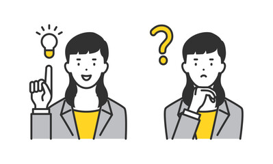 不思議に思う表情と解決を見つける表情の女性ビジネスパーソン