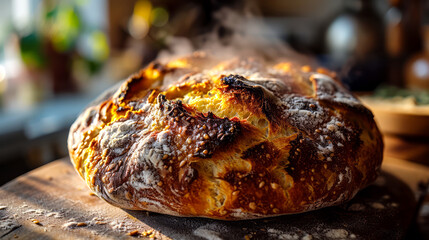 Freshly baked homemade bread on a table. - obrazy, fototapety, plakaty