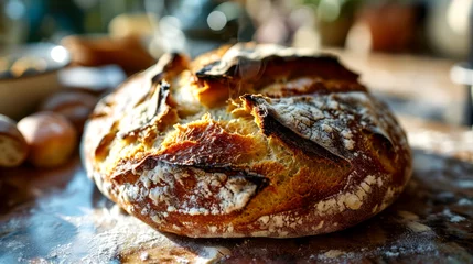 Gordijnen Freshly baked homemade bread on a table. © Narin