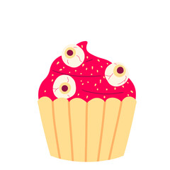 illustration of a pink cupcake with three eyes decoration. halloween icon flat vector illustration