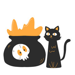 illustration of a black cat with a cauldron containing a poison solution beside it. halloween icon flat vector illustration