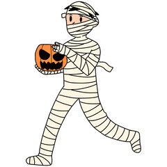 a boy wearing a mummy costume carrying a pumpkin for Halloween. Halloween costume party flat vector illustration
