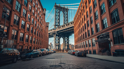 ニューヨーク市ブルックリンのダンボにあるマンハッタン橋GenerativeAI - obrazy, fototapety, plakaty