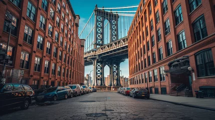 Foto op Plexiglas ニューヨーク市ブルックリンのダンボにあるマンハッタン橋GenerativeAI © enopi
