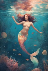 海を泳ぐ人魚のイラスト｜Illustration of a mermaid swimming in the sea. Generative AI