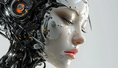 Female robot face, Artificial intelligence concept. Futuristic digital woman's face merges with a metallic robot head, blending symbolic overload, liquid metal, and detailed robotic motifs.